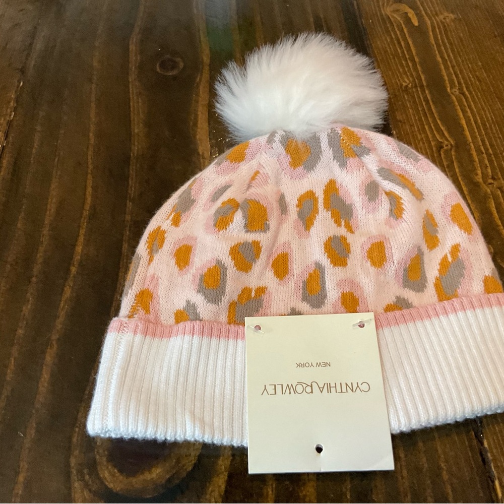 Cynthia Rowley Pink and White Leopard Print Pom-Pom Hat - Picture 2 of 5